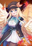  1girl black_headwear black_jacket blonde_hair blue_eyes blue_neckerchief blurry blurry_background blush breasts cleavage cleavage_cutout clothing_cutout cowboy_shot dress falling_leaves feathered_wings hair_between_eyes harpy hat hat_ribbon highres indie_virtual_youtuber jacket kurokuro100 leaf long_hair mavia_(vtuber) monster_girl neckerchief open_mouth orange_ribbon pantyhose ribbon second-party_source solo virtual_youtuber white_dress wings 