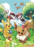  1boy 1girl :d backpack bag berry_(pokemon) bird brown_eyes brown_hair butterfree chase_(pokemon) commentary day eevee elaine_(pokemon) flower food fruit grass green_shorts hand_on_headwear hat holding holding_food holding_fruit oddish open_mouth oran_berry outdoors pidgey pikachu pokemon pokemon_(creature) pokemon_(game) pokemon_lgpe rica_diaz shirt short_sleeves shorts signature sitrus_berry sky smile tree white_flower 