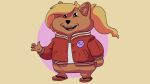  ambiguous_gender anthro blonde_hair brown_body brown_fur clawed_fingers clothing cricetid dot_eyes drawfee drawfee_(copyright) flip_flops footwear fur hair hamster hi_res inner_ear_fluff jacket julia_lepetit mammal open_mouth open_smile ponytail rodent sandals shirt smile solo t-shirt topwear tuft 