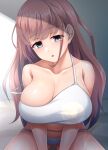  1girl atlanta_(kancolle) blunt_bangs breasts brown_hair cleavage collarbone crop_top green_eyes highres kantai_collection large_breasts long_hair looking_at_viewer open_mouth ruin_re_birth sitting solo 