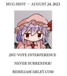  1girl bat_wings collared_shirt english_text expressionless hat hat_ribbon kasuya_baian looking_at_viewer meme mob_cap mugshot necktie parody pink_headwear pink_shirt puffy_sleeves purple_hair red_eyes red_necktie red_ribbon remilia_scarlet ribbon shirt short_hair solo touhou trump_mugshot_(meme) vampire wings 