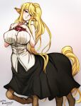  1girl 2021 artist_name blonde_hair blue_eyes breasts centaur centorea_shianus dated english_commentary grey_background large_breasts long_hair looking_at_viewer mina_cream monster_musume_no_iru_nichijou pointy_ears ponytail simple_background skirt sleeveless solo taur watermark 