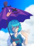  1girl blue_hair blue_sky blush breasts closed_eyes cloud commentary facing_viewer highres holding holding_umbrella outdoors purple_umbrella short_hair sky solo sweat tatara_kogasa touhou umbrella upper_body v-shaped_eyebrows yama_b 