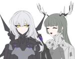  01pado_pado 2girls antlers black_eyeliner black_eyeshadow brushing_hair character_request check_character closed_eyes closed_mouth comb deer_antlers eyeshadow grey_hair hair_between_eyes holding holding_comb long_hair long_neck makeup mechanical_parts mechanical_wings multiple_girls nanami_(punishing:_gray_raven) open_mouth punishing:_gray_raven rosetta:_rigor_(punishing:_gray_raven) rosetta_(punishing:_gray_raven) sidelocks teeth upper_teeth_only wings yellow_eyes 