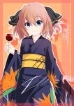  1girl artist_name black_kimono black_ribbon blue_eyes brown_hair candy_apple character_name cowboy_shot floral_print food hachijou_(kancolle) hair_ribbon highres inaba_shiki japanese_clothes kantai_collection kimono looking_at_viewer official_alternate_costume orange_background ribbon short_hair smile solo standing 