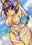  animal_crossing ankha_(animal_crossing) anthro beach big_breasts breasts felid feline female frown madjoker mammal mummy mummy_wrappings navel nintendo seaside sketch solo thick_thighs undead 