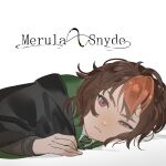  1girl absurdres brown_hair character_name closed_mouth commentary_request fingernails green_necktie harry_potter:_hogwarts_mystery harry_potter_(series) highres hogwarts_school_uniform long_sleeves looking_at_viewer lying merula_snyde multicolored_hair mushoku necktie orange_hair purple_eyes school_uniform short_hair simple_background slytherin solo streaked_hair two-tone_hair uniform white_background wizarding_world 