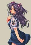  1990s_(style) 1girl absurdres arm_at_side blue_hair blue_skirt clannad commentary cowboy_shot eyelashes floating_hair from_side hair_bobbles hair_ornament hand_up head_tilt high-waist_skirt highres hikarizaka_private_high_school_uniform ichinose_kotomi long_hair longmei_er_de_tuzi looking_at_viewer nose parted_lips purple_eyes retro_artstyle sailor_collar school_uniform shirt short_sleeves simple_background skirt solo standing suspender_skirt suspenders two_side_up white_sailor_collar white_shirt 
