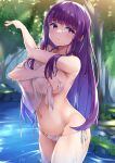  1girl breasts closed_mouth fern_(sousou_no_frieren) forest highres irohara long_hair nature navel outdoors panties partially_submerged purple_eyes purple_hair side-tie_panties solo sousou_no_frieren standing thighs topless towel underwear water wet wet_hair white_panties 