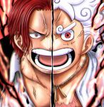  2boys absurdres alternate_form curly_eyebrows curly_hair facial_hair gear_fifth highres looking_at_viewer male_focus monkey_d._luffy multiple_boys one_piece one_piece_film:_red open_mouth orange_eyes red_hair riku_(rikuw223xx) scar scar_on_cheek scar_on_chest scar_on_face shanks_(one_piece) short_hair teeth v-shaped_eyebrows veins white_hair 