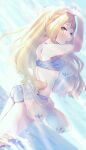  1girl arms_up bikini blonde_hair blue_bikini braid commentary_request day eyelashes from_side green_eyes highres lillie_(pokemon) long_hair looking_to_the_side mcmcusg open_mouth outdoors pokemon pokemon_(anime) pokemon_sm_(anime) solo standing swimsuit wading water 