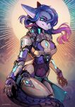  anthro blue_eyes blue_hair breasts cerbera cybernetics female fish hair hi_res machine marine multicolored_hair science_fiction shark solo two_tone_hair watermark 