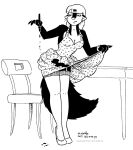  anthro black_and_white breasts chair cleavage clothed clothing clothing_lift dress dress_lift ear_piercing female fur furniture hair ink kelly_o&#039;dor legwear mammal mephitid monochrome piercing skunk solo striped_skunk table tegerio thigh_highs whiskers zandar&#039;s_saga 