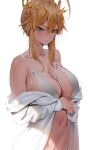  1girl absurdres artoria_pendragon_(fate) artoria_pendragon_(lancer)_(fate) blonde_hair blush bottomless bra braid breasts cleavage clothes_pull collarbone crown dated_commentary fate/grand_order fate_(series) green_eyes groin hair_between_eyes highres large_breasts looking_at_viewer navel open_clothes open_shirt out-of-frame_censoring rororo shirt shirt_pull sidelocks simple_background solo stomach underwear upper_body white_background white_bra white_shirt 
