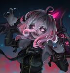  1girl ahoge belt black_belt breasts briar_(league_of_legends) colored_sclera colored_skin detached_sleeves fingernails grey_hair hair_between_eyes league_of_legends long_hair looking_at_viewer masshiro_(user_vdku2222) medium_breasts multicolored_hair night night_sky no_pupils open_mouth outdoors pink_hair pointy_ears red_sclera sharp_fingernails sharp_teeth sidelocks sky smile solo star_(sky) streaked_hair teeth tongue tongue_out two-tone_hair upper_body vampire white_eyes wrist_cuffs 