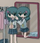  2girls :3 aqua_eyes aqua_hair clone closed_mouth clothes_rack feet_out_of_frame grey_sailor_collar grey_skirt hair_between_eyes hair_ornament hand_on_another&#039;s_face hand_up indoors interlocked_fingers jitome kanikan long_hair long_sleeves looking_at_viewer low_twintails miniskirt mirror multiple_girls necktie open_mouth original own_hands_together pleated_skirt sailor_collar sailor_shirt school_uniform serafuku shirt skirt socks standing star_(symbol) star_hair_ornament through_mirror twintails unworn_clothes white_shirt white_socks yellow_necktie 