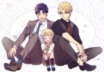  2022 3boys aged_down black_shirt blonde_hair blue_hair blush braid brown_jacket brown_pants closed_eyes closed_mouth couple dio_brando english_text family father_and_son giorno_giovanna grey_pants implied_yaoi jacket jojo_no_kimyou_na_bouken jonathan_joestar long_hair long_sleeves looking_at_another morino_peko multiple_boys necktie open_mouth pants red_necktie shirt shoes sitting smile socks vento_aureo white_shirt yellow_eyes 