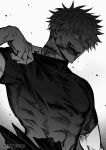  1boy arm_up artist_name blood blood_on_face cuts gojou_satoru greyscale highres injury jujutsu_kaisen kiyoro2 male_focus monochrome open_mouth shirt short_hair short_sleeves slit_throat smile solo spiked_hair teeth upper_body 