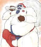  2023 anthro asian_clothing balls bear belly big_belly black_nose blush christmas christmas_clothing christmas_headwear clothing east_asian_clothing erection facial_hair fundoshi fur genitals hat headgear headwear hi_res holidays humanoid_hands japanese_clothing kemono male mammal mature_male moobs mustache nipples one_eye_closed overweight overweight_male penis pochizizi polar_bear red_clothing red_fundoshi red_underwear santa_claus santa_hat simple_background solo underwear ursine white_body white_fur wink 