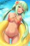  1girl :d arms_behind_back bikini breasts cowboy_shot day flower green_hair haura_(sasaame) hibiscus highres innertube long_hair low_twintails medium_breasts navel o-ring o-ring_top orange_bikini original outdoors sasaame smile solo stomach swimsuit twintails very_long_hair water 