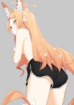  1girl absurdres animal_ears black_shorts blue_archive blush breasts covering covering_breasts flower from_below grey_background hair_ornament halo highres long_hair looking_at_viewer no_bra orange_hair seia_(blue_archive) shorts simple_background solo syhan white_flower yellow_halo 