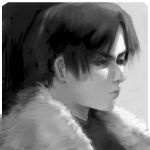  1boy absurdres commentary fur-trimmed_jacket fur_trim greyscale highres jacket leon_s._kennedy male_focus monochrome portrait profile resident_evil resident_evil_4 resident_evil_4_(remake) solo xyanaid 