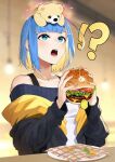  !? 1girl bare_shoulders blonde_hair blue_eyes blue_hair blunt_bangs blurry blurry_background borrowed_character burger collarbone colored_inner_hair commentary depth_of_field english_commentary food hair_ornament hairclip highres holding holding_food jacket long_sleeves multicolored_hair nail_polish object_on_head off_shoulder open_clothes open_jacket open_mouth original pink_nails plate sasoura short_hair solo sparkle spilling stuffed_animal stuffed_toy teddy_bear two-tone_hair upper_body 