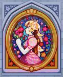 1girl blonde_hair blue_eyes crown dress earrings elbow_gloves eyelashes flower gloves high_collar jewelry long_hair longestdistance looking_up mario_(series) nintendo own_hands_together painting_(object) pink_dress princess_peach profile puffy_short_sleeves puffy_sleeves short_sleeves sidelocks stained_glass star_(symbol) super_mario_64 toad_(mario) white_gloves 