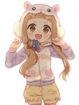  1girl animal_hood arched_bangs blunt_bangs blush brown_eyes brown_hair commentary_request cowboy_shot crime_prevention_buzzer euphoniummatsu hands_up highres hood hood_up hoodie ichihara_nina idolmaster idolmaster_cinderella_girls long_hair long_sleeves looking_at_viewer open_mouth puffy_long_sleeves puffy_sleeves purple_hoodie short_shorts shorts shukusei!!_loli-gami_requiem sidelocks simple_background solo v-shaped_eyebrows white_background yellow_shorts 