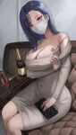  1girl absurdres alternate_costume asymmetrical_bangs blue_hair bottle breast_tattoo breasts champagne_flute cleavage collarbone covered_navel cup dark_blue_hair dress drinking_glass elvandec feet_out_of_frame forehead goddess_of_victory:_nikke grey_dress head_tilt highres isabel_(nikke) large_breasts looking_at_viewer mask mouth_mask red_eyes single_bare_shoulder sitting solo strap_slip tattoo taut_clothes taut_dress white_mask wine_bottle wireless_earphones 