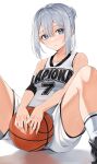  1girl ball basketball basketball_(object) basketball_jersey basketball_uniform blue_eyes collarbone grey_hair hair_between_eyes hair_bun highres long_hair looking_at_viewer original shirt shorts single_hair_bun sitting sleeveless sleeveless_shirt socks solo sportswear spread_legs tapioka_(oekakitapioka) white_shirt white_shorts white_socks 