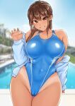  1girl absurdres bare_shoulders bikini_tan blue_cardigan blue_one-piece_swimsuit blue_sky blurry blurry_background breasts brown_eyes brown_hair cameltoe cardigan claw_pose commentary_request covered_navel cowboy_shot day depth_of_field double-parted_bangs grin highleg highleg_swimsuit highres jacket jacket_over_swimsuit large_breasts looking_at_viewer one-piece_swimsuit open_cardigan open_clothes original outdoors paid_reward_available poolside sak1023 sky smile solo swimsuit tan tanlines v-shaped_eyebrows 