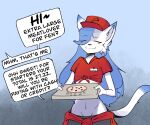  6:5 absurd_res anthro blue_hair clothing crop_top delivery_(commerce) dialogue ds0ivi0 duo felid feline food_delivery hair hi_res humanoid male male/male mammal pizza_box pizza_delivery shirt speech_bubble stiria topwear white_body 