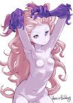  1girl armpits breasts colored_skin final_fantasy final_fantasy_vi highres long_hair looking_at_viewer monster_girl navel nude pink_hair pink_skin pointy_ears puddinghomhom purple_eyes simple_background solo terra_branford trance_terra_branford white_background 