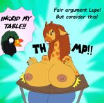  anthro avian big_breasts bird breaking breast_drop breasts broken_table cartoon_network curvaceous curvy_figure duo english_text fair_argument_(meme) female foxtide888 freaking_out furniture giraffe giraffid heavy huge_breasts ingrid_giraffe looking_down lupe_toucan mammal my_gym_partner&#039;s_a_monkey nipples sitting table text toucan voluptuous 