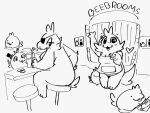  ambiguous_gender anthro bar beeb_(cutebeeby) black_and_white breasts clothed clothing cutebeeby english_text eye_patch eyewear female feral furniture group hi_res medium_breasts monochrome overweight overweight_anthro overweight_female stool suspenders text 