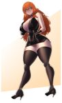  absurdres black_dress black_gloves blush breasts choker cleavage commission copyright_request curvy dress gintm gloves grey_eyes high_heels highres huge_breasts light_smile long_hair orange_hair panties simple_background skin_tight thick_thighs thighhighs thighs underwear 