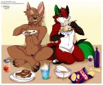  2019 anthro artist_name bat beverage black_ears black_nose black_sclera border bowl brown_body brown_fur canid canine chopsticks container crossed_legs cup cup_noodles dated drinking_glass duo eating eating_food eye_contact food food_on_plate fox fur glass glass_container glass_cup gloves_(marking) green_eyes green_inner_ear green_tail_tip holding_bowl holding_chopsticks holding_container holding_object holding_plate inside kneeling leg_markings looking_at_another male mammal markings meat noodles red_body red_fur ruffles_(chips) signature sitting sitting_on_ground socks_(marking) text thaismotosuwa tomato_juice url victor_johansen viola_bat_(character) white_border wine_bottle wine_glass 