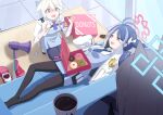  3girls absurdres blue_archive carpet chocolate_doughnut coffee coffee_mug couch cup doughnut food fubuki_(blue_archive) halo highres holding holding_cup holding_food kanna_(blue_archive) kirino_(blue_archive) lying megaphone mug multiple_girls on_back on_couch pastry_box police police_badge police_uniform policewoman rahy scared shoes shoes_removed sneakers uniform 