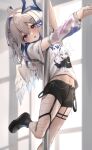  1girl absurdres ahoge amane_kanata amane_kanata_(6th_costume) angel_wings arm_up arm_warmers black_footwear black_shorts blue_hair blush character_print colored_inner_hair grey_hair hair_between_eyes hair_ornament halo highres hololive looking_at_viewer midriff_peek mini_wings multicolored_hair navel official_alternate_costume open_mouth print_shirt purple_eyes scarlet_(wv0102) self_character_print shirt shoes short_sleeves shorts single_arm_warmer single_fishnet_legwear solo star_halo stripper_pole virtual_youtuber white_shirt wings x_hair_ornament 