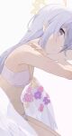  1girl azusa_(blue_archive) azusa_(swimsuit)_(blue_archive) blue_archive bra grey_background halo highres hiroki_(yyqw7151) long_hair looking_at_viewer official_alternate_costume purple_hair solo underwear white_wings wings yellow_halo 