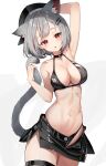  1girl absurdres animal_ears armpits bikini black_bikini black_choker black_headwear black_thighhighs blush breasts bright_pupils cat_ears cat_tail choker earrings grey_hair hair_ornament hairclip highres jewelry large_breasts looking_at_viewer medium_hair navel original red_eyes revealing_clothes simple_background solo swimsuit tail thighhighs three_twosix white_pupils 