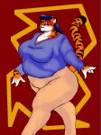  anthro belly big_breasts blue_hair bottomwear breasts clothing danellz felid female fur green_eyes hair huge_breasts mammal obese obese_anthro obese_female overweight overweight_anthro overweight_female pantherine pants shirt solo striped_body striped_fur stripes thick_thighs tiger topwear 