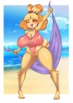  2023 4_fingers absurd_res animal_crossing anthro areola beach biped blurred_background boingfarm breasts camel_toe canid canine canis clothed clothing domestic_dog female fingers hi_res isabelle_(animal_crossing) mammal navel nintendo nipples one_eye_closed sand sea seaside sky smile solo translucent translucent_clothing water yellow_body 