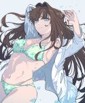  1girl absurdres anianiani0607 aozaki_aoko blue_eyes breasts brown_hair cleavage highres long_hair looking_at_viewer mahou_tsukai_no_yoru medium_breasts navel open_clothes open_shirt shirt simple_background smile solo swimsuit water_drop white_shirt 