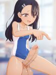  1girl black_hair blue_one-piece_swimsuit blurry blurry_background breasts brown_eyes clothing_aside collarbone competition_swimsuit covered_navel dark-skinned_female dark_skin earclip erection futanari hair_ornament hairclip highres huge_penis huge_testicles ijiranaide_nagatoro-san long_hair nagatoro_hayase one-piece_swimsuit open_mouth penis pointing small_breasts solo swimsuit swimsuit_aside testicles two-tone_swimsuit uncensored veins veiny_penis white_one-piece_swimsuit zoryc 