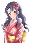  1girl absurdres b1ack_illust black_hair blush bow breasts closed_mouth dot_nose floral_print_kimono flower fur-trimmed_kimono fur_trim hair_bow hair_flower hair_ornament hair_ribbon highres idolmaster idolmaster_million_live! idolmaster_million_live!_theater_days japanese_clothes kimono long_hair long_sleeves looking_at_viewer medium_breasts no_eyewear obi obiage obijime pink_kimono plum_blossom_print red_eyes red_flower red_ribbon ribbon sash simple_background smile solo takayama_sayoko upper_body white_background yellow_sash 