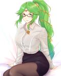  1girl absurdres alternate_costume alternate_hairstyle arm_support black_skirt breasts business_suit circlet collared_shirt crossed_legs forehead_jewel formal glasses green_eyes green_hair highres jewelry kid_icarus kid_icarus_uprising large_breasts long_hair long_sleeves necklace palutena pantyhose parted_bangs ponytail semi-rimless_eyewear shirt skirt solo suit truejekart very_long_hair 