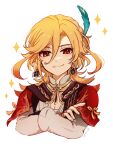  1boy blonde_hair blue_feathers capelet closed_mouth crossed_arms earrings feather_hair_ornament feathers genshin_impact hair_ornament highres jewelry kaveh_(genshin_impact) looking_at_viewer male_focus red_capelet red_eyes shirt smile smirk solo sparkle teaszlt white_shirt 