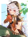  1boy ahoge azna bishounen blush bone_necklace cowboy_shot crossed_legs genshin_impact gloves highres hood licking_lips long_hair male_focus mango orange_gloves razor_(genshin_impact) red_eyes scar sitting solo tongue tongue_out white_hair 